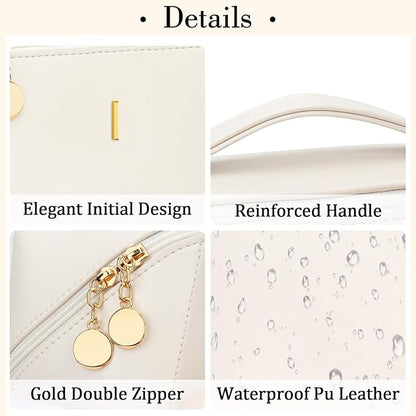 Birthday Gifts for Women Teen Girl, Personalized Initial Makeup Organizer Bag Set, Open Flat Travel Cosmetic Bag With Clear Divider and Handle(Beige,I)