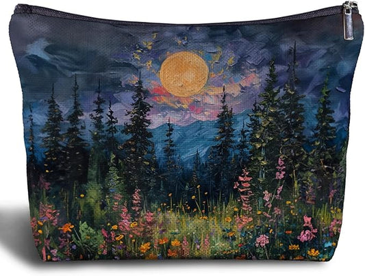 Watercolor Full Moon Above the Wildflowers Makeup bag, Cottagecore Accessories Cosmetic Bag, Cottagecore Gifts, Mystical Under Cold Moons Scenic Cosmetic Bag Toiletry Bag