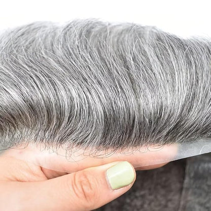 FACE MIRACLE Mens Toupee Lace Front Hairpieces Soft Human Hair Replacement System Natural Hairline Toupee for Men French Lace Poly V-Looped Mens hair Units 6"X8" #1B60 Off Black with 60% Gray