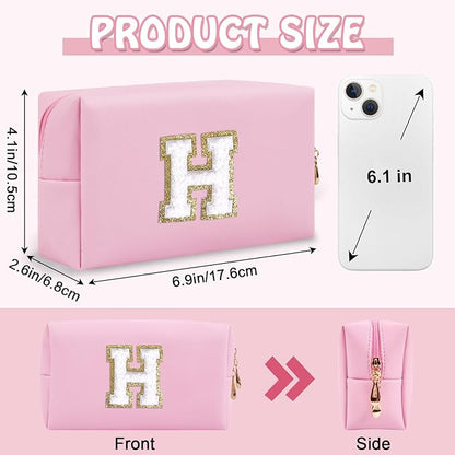Personalized Chenille Letter Preppy Makeup Bag, Small Pink Travel Cosmetic Bag Initial Toiletry Zipper Pouch Monogram Makeup Storage, Waterproof PU Make Up Case Travel Essentials for Women(Letter H)