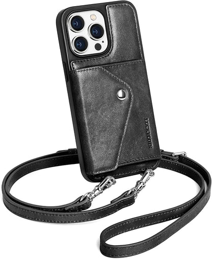 LUCKYCOIN Crossbody Wallet Phone Case for iPhone 14 Pro Max,100% Genuine Leather Wallet Phone Case with Expandable Flip Card Holder,Phone Purse for Women with Adjustable Removable Strap - Black