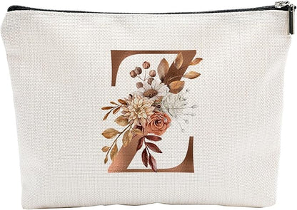 A-Z Boho Personalized Cosmetic Bag-Floral Cotton Letter Makeup Bag With Zipper-Artistic Cosmetic Bag For Travel-Bride,Birthday Gift For Women Daughter Friends-Women Makeup Organizer-A26