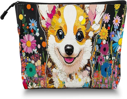 Cosmetic Bags Travel Makeup Toilet Case Waterproof Pouch for Women Girls 6.7X9.45inches - Cute Corgi Surrounded By Brightly Colored Flowers