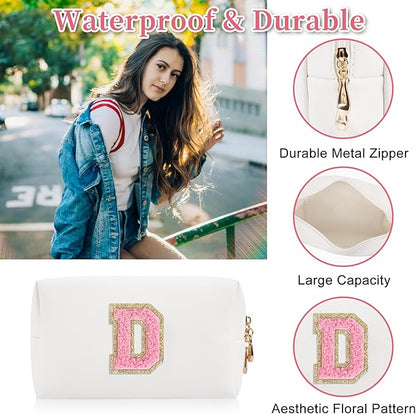 Personalized Initial Letter Patch Makeup Bag, Preppy Portable Chenille Cosmetic Bag with Zipper, PU Leather Waterproof Travel Toiletry Bag Monogram Make Up Pouch for Women Girls