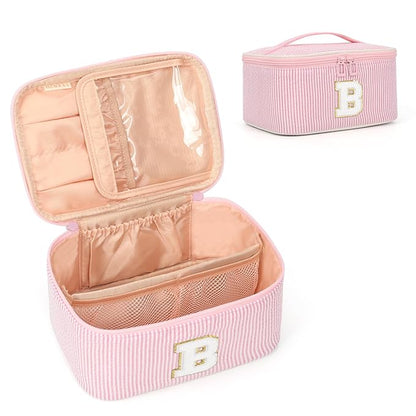 OCHEAL Makeup Bag for Women, Monogram Cosmetic Bag with Brush Holder, Pink Travel Makeup Case Beauty Toiletry Bag Organizer Personalized Gifts for Girls Bridesmaid, Sister, Wife, Friends Initial B