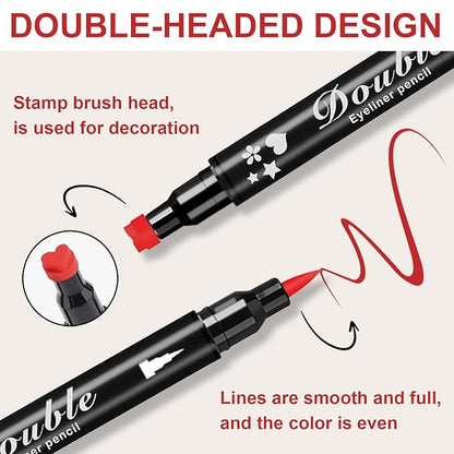 4PCS Red Eyeliner Pen Set, Eyeliner Stamp, Double-headed Red Liquid Eye liner Pencil for Women Eye&Lip Liner Professional Waterproof Halloween Makeup, Star,Triangle,Flower,Heart