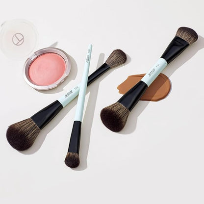 Jessup Face Makeup Brushes Blue 3pcs Double Ended Makeup Brush for Foundation Contour Blush Highlight and Concealer Brush, Premium Synthetic Brush Set T503
