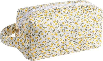 Makeup Bag Travel Cosmetic Bag for Women, Zipper Make Up Pouch, Floral Flowers Toiletry Organizer Makeup with Handle, Cosmetic Travel Cloth Bag (Yellow Floral)