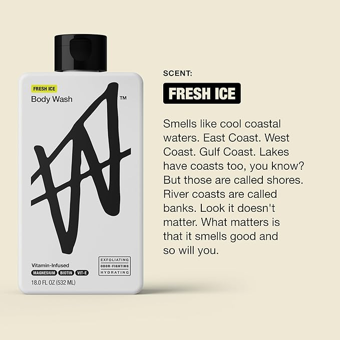 W By Jake Paul Exfoliating Body Wash for Men, Vitamin-Infused, Hydrating Shower Gel, Fresh Ice, 18 fl oz