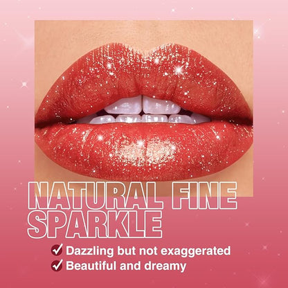 Jolilab Sparkling Lip Gloss Long Lasting Waterproof Moisturizer Lip Balm Glitter Shimmer Metallic Lipstick, Diamond Shiny Bold Glow Goth Lipstick for Women Girls, Non-sticky (1, 04#)