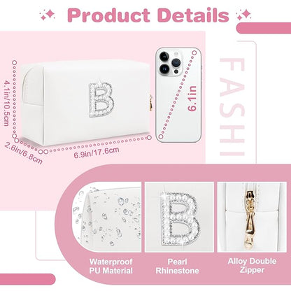 Bride Gifts – Personalized Initial Makeup Bag with Pearl Rhinestone Patch, Preppy White Monogram Cosmetic/Toiletry Pouch, bridesmaid Gifts, Bridal Shower Gifts, Wedding Gifts, Bridal Gifts,B