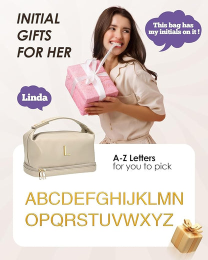 Gifts for Friends Female Mom, Letter Makeup Bag, Personalized Double Layer Cosmetic Bag with Makeup Brush Organizer, Waterproof, Large Capacity PU Leather Travel Toiletry Bag, Gift for Wife