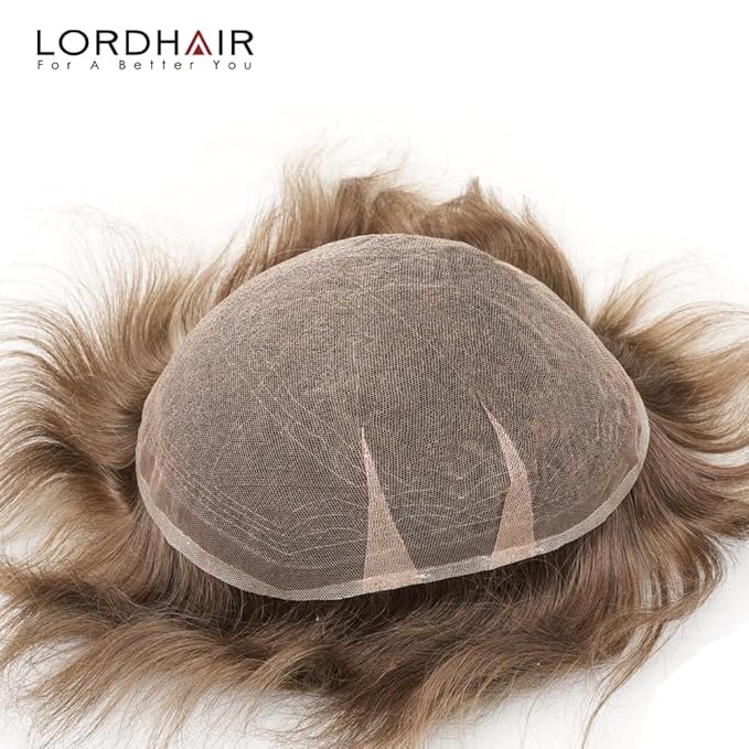 Lordhair Toupee for Men European human hair Full French Lace Hairpieces，Base Size 8x10 inch Hair Replacement System for Men Natural Hairline Human Hair Wig#7Light Brown
