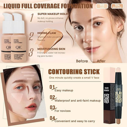 All in One Makeup Kit for Women Full Kit,Travel Make Up Gift Set for Women Teens Girls, Includes Eyeshadow,Foundation,Lipstick,Mascara,Brush,Sponge,Brow Powder & Soap,Eyeliner,Primer,Contour,Bag