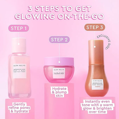 Glow Recipe Get Glowing With Me Kit by Katie Fang - PHA + BHA Face Toner & Gentle Face Exfoliant + Plum Plump Hyaluronic Acid Moisturizer Face Cream + Hue Drops Tinted Serum (3 Count)