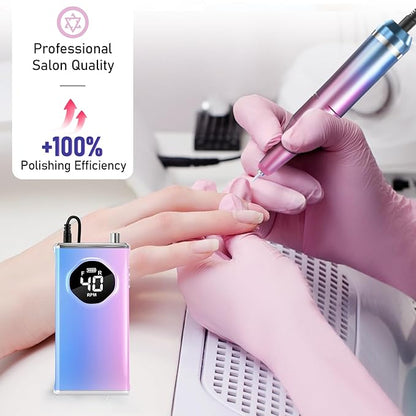 Electric Nail Drill File Professional 40000 RPM, Melodly Rechargeable Electric Nail File Machine Kit for Acrylic Gel Nails Polishing Removing, Portable Cordless Efile with Gold Bits Kit at Salon Home