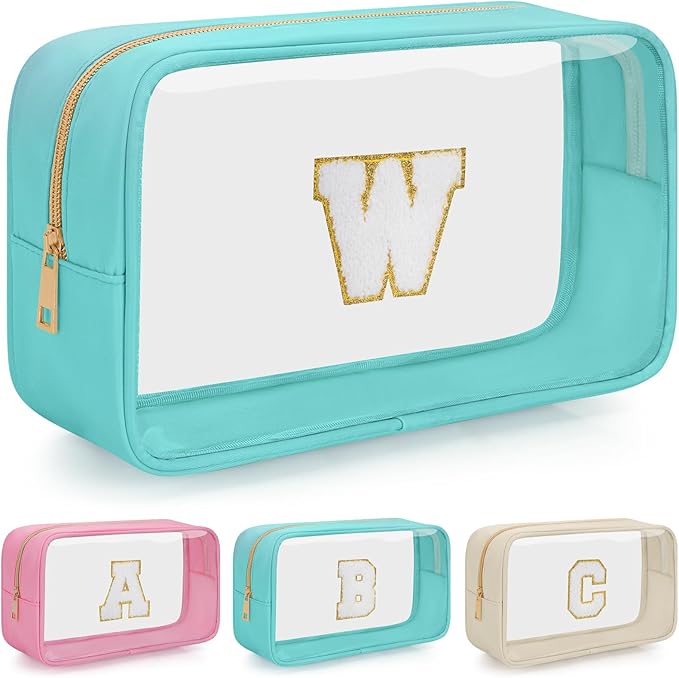 Personalized Initial Clear Makeup Bag, Travel Chenille Patch Cosmetic Bag, Preppy Toiletry Bag Monogram Cosmetic Pouch with Zipper, Ideal Gift for Teen Girls Women (Clear-Green, W)