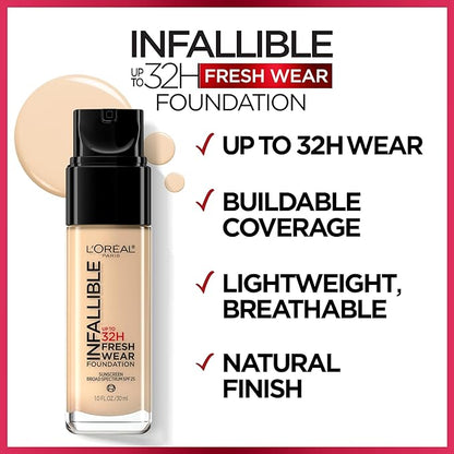 L'Oreal Paris Makeup Infallible Up to 32 Hour Fresh Wear Lightweight Foundation, 430 Ivory Buff, 1 Fl Oz, Packaging May Vary