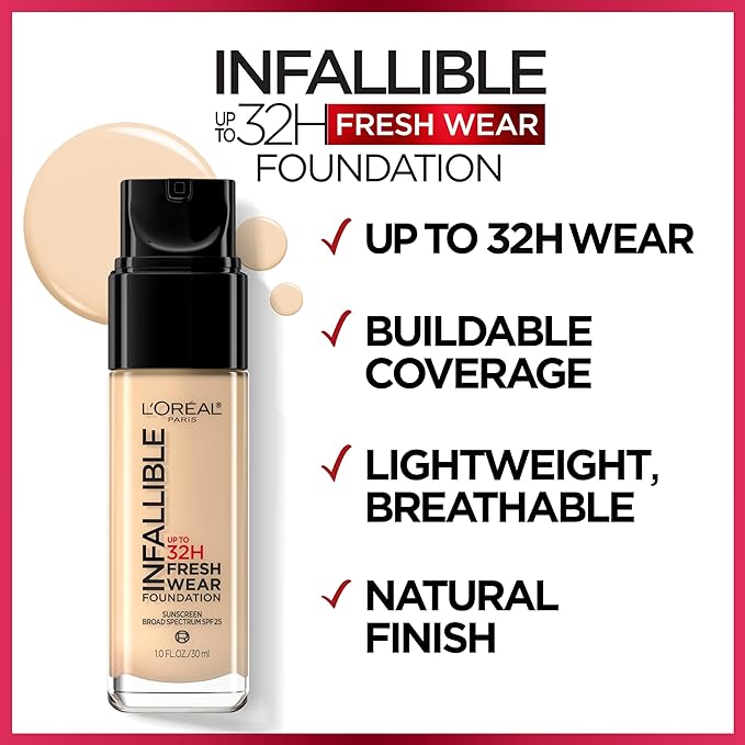 L'Oreal Paris Makeup Infallible Up to 32 Hour Fresh Wear Lightweight Foundation, 450 Rose Beige, 1 Fl Oz, Packaging May Vary