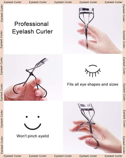 Eyelash Curler Kit Metal Lash Curlers with Eyelashes Separator Comb Tools & 6 Replacement Refill Pads (Black)