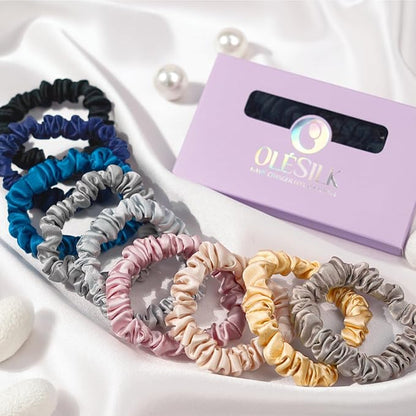 OLESILK Silk Hair Ties for Women: 100% Mulberry Skinny Silk Scrunchies, Soft Smooth No Damage No Crease for Thin Fine Curly Hair 5 Pack, Multi