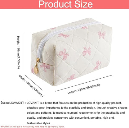 JOVAKIT Square Makeup Bag Cute Cosmetic Bag for Women, Floral Coquette Aesthetic Toiletry Bag, Zipper Make Up Pouch, Travel Make Up Organizer Bag (Pink Bow Tie)