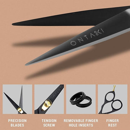 Ontaki Japanese Steel Beard Scissors for Men - 5.5" Ergonomic Black, Right-Handed - Scissors & Comb Travel Set, Beard Grooming Kit with Mustache Comb & Carry Pouch, Blunt-Tip Facial Hair Shears