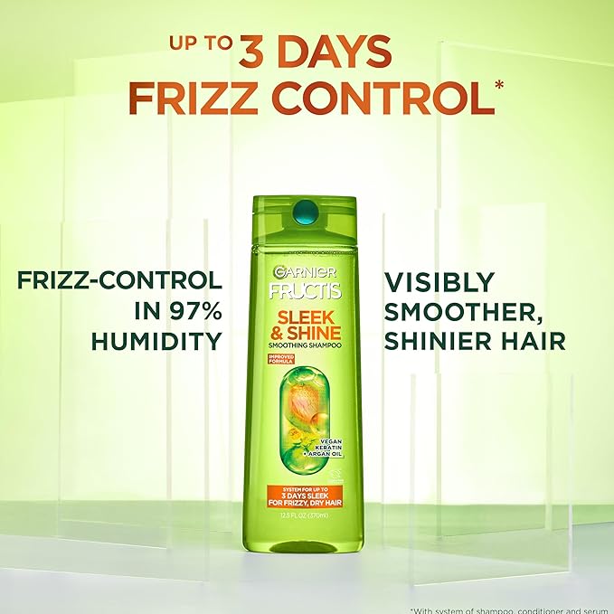 Garnier Fructis Sleek & Shine Full + Travel Size Shampoo (12.5 & 3 Fl Oz) + Conditioner (12 & 3 Fl Oz) Set for Frizzy, Dry Hair, Plant Keratin + Argan Oil (4 Items), 1 Kit (Packaging May Vary)