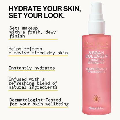 Pacifica Beauty Vegan Collagen Hydrating Setting Mist – Hydrating Illuminating Face Primer for Dewy Skin, w/Vegan Collagen & Squalane for Radiant Glow, Soft-Focus Pore Blurring Makeup Base