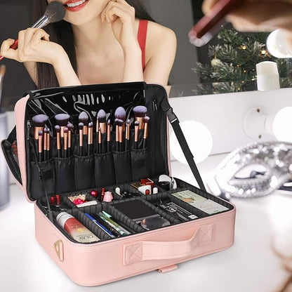 Relavel Makeup Case Large Makeup Bag Professional Train Case 16.5 inches Travel Cosmetic Organizer Brush Holder Waterproof Makeup Artist Storage Box, 3 Layer Large with Adjustable Strap (Pink)