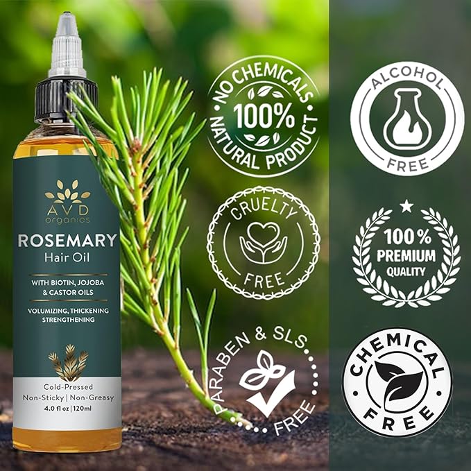 Pure Rosemary Oil for Hair Growth (4.05 fl oz) Infused with Biotin Jojoba & castor Oil | Hair strengthening Treatment | Nourishing & Volumizing– Strengthening, | Non-GMO verified
