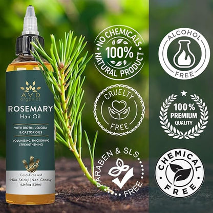 Pure Rosemary Oil for Hair Growth (4.05 fl oz) Infused with Biotin Jojoba & castor Oil | Hair strengthening Treatment | Nourishing & Volumizing– Strengthening, | Non-GMO verified