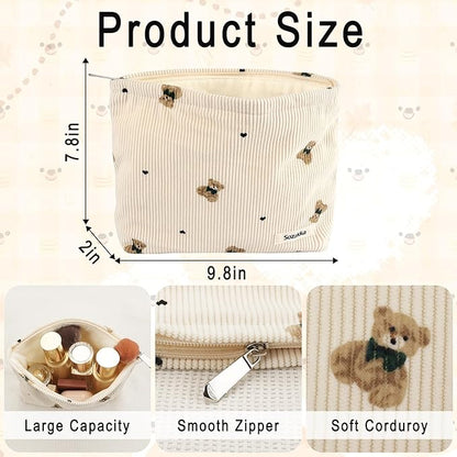 Corduroy Makeup Bag Cute Small Soft Zipper Cosmetic Bag for Purse Coquette Aesthetic Cosmetic Pouch with Bear Toiletry Storage Pouches Travel Makeup Bags Organizer Gifts for Women (Beige)
