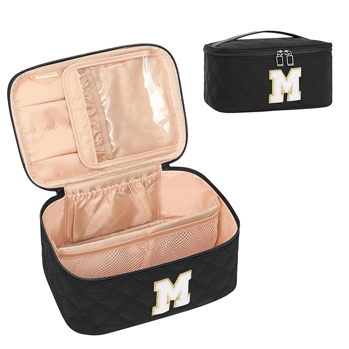 OCHEAL Makeup Bag for Women, Monogram Cosmetic Bag with Brush Holder,Black Travel Makeup Case Beauty Toiletry Bag Organizer Personalized Gifts for Girls Bridesmaid, Sister, Wife, Friends Initial M