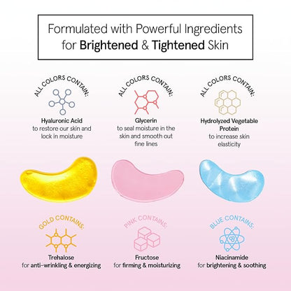 grace & stella Under Eye Mask - Reduce Dark Circles, Puffy Eyes, Undereye Bags, Wrinkles - Gel Under Eye Patches, Vegan Cruelty-Free Self Care (72 Pairs, GoldPinkBlue)