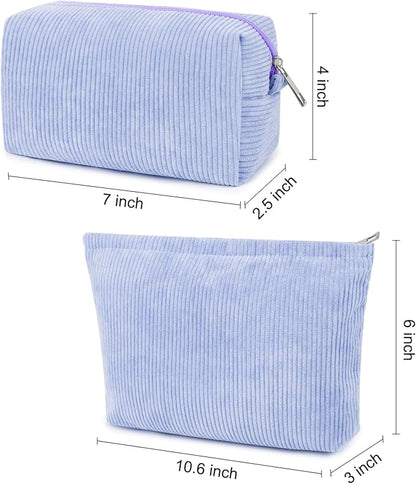 SOIDRAM 2 Pcs Corduroy Makeup Bag Large Cosmetic Bag Toiletry Bag Makeup Pouch Travel Bag Organizer Cute Makeup Brushes Aesthetic Accessories Storage Bag for Women Blue