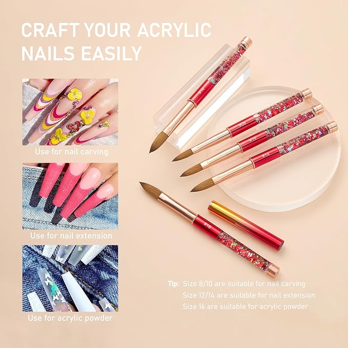 Acrylic Nail Brush Size 16, 100% Real Kolinsky Nail Brush for Acrylic Powder Application, Handmade Women Manicure Nail Extension Tool for Professional DIY Home Salon and Beginner