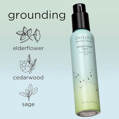 Pacifica Hair Mist Perfume & Full Body Spray for Women - Montana Sky Body Mist Fragrance w/Cedarwood, Elderflower, Black Pepper, Sage & Sandalwood Clean Beauty Alcohol-Free, Vegan & Cruelty-Free 5 oz