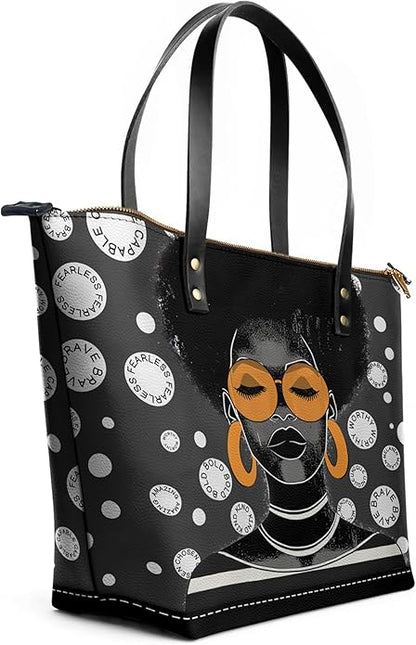 African Black Women's Leather Tote Bag, Large, Premium Vegan Leather, Full Zip, Perfect Christmas Gifts For Women