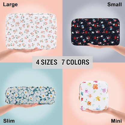 izuzta Nylon Small Floral Makeup Bag Slim Pouch, Preppy Cute Makeup Brush Case Bag Cosmetic Zipper Pouch Purse, Waterproof Travel Toiletry Bag Coin Pouch Make Up Organizer Women Girls(White-Floral)