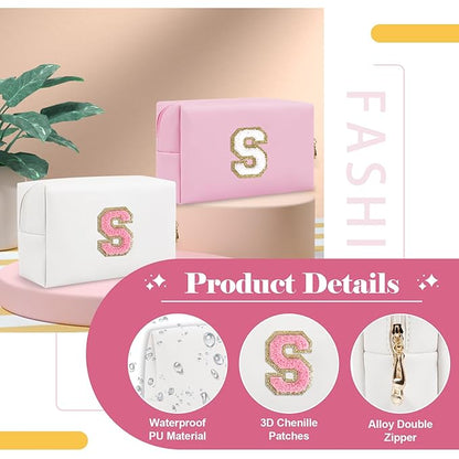 Personalized Makeup Bag Initial A-Z Preppy Patch Bag,Small PU Leather Travel Cosmetic Bag Pouch with Zipper,White Cute Toiletry Bag,Gift Ideal for Teen Girls Women Birthday Friend Mom,Letter S