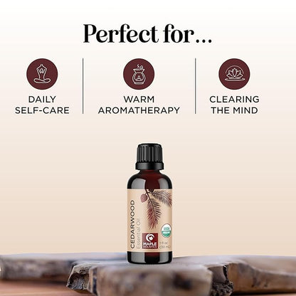 Certified Organic Cedarwood Essential Oil - 100% Pure Organic Cedarwood for Hair Skin & Nails plus Beauty DIYs - Calming Aromatherapy Essential Oil for Diffusers - USDA Non-GMO & Undiluted