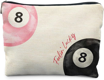 Retro Pink and Black Lucky 8 Ball Makeup Bag, Funky Preppy Cosmetic Bags for Women, Preppy Stuff Makeup Pouch, Feeling Lucky Zipper Pouch