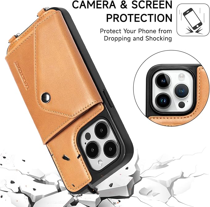 LUCKYCOIN Crossbody Wallet Phone Case for iPhone 15 Pro Max,100% Genuine Leather Wallet Phone Case with Expandable Flip Card Holder,Phone Purse for Women with Adjustable Removable Strap - Tan