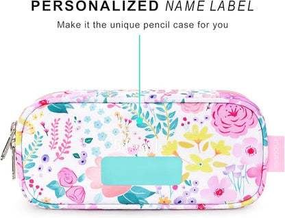 mibasies Girls Pencil Case for Kids, Multi-Slot Pencil Pouch, Flower Pink White
