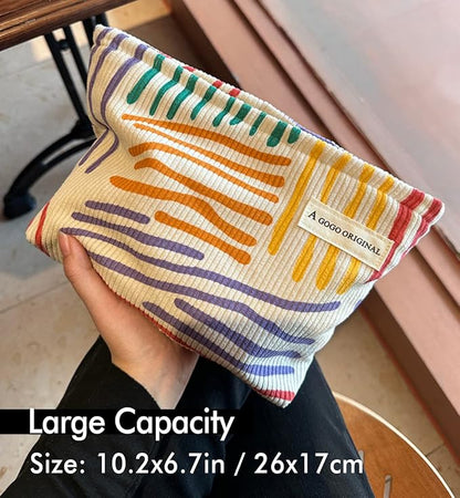 STARDW Cute Makeup Bag Aesthetic Cosmetic Bags for Women Girls, Travel Toiletry Bag Large Capacity Zipper Makeup Pouch, Purse Organizer Pouches,Canvas Lining (Colorful Stripes)