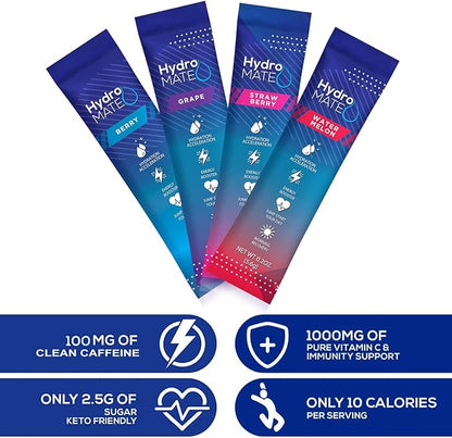 HydroMATE Electrolytes Powder Drink Mix Packets Hydration Accelerator Low Sugar Party Favors for Rapid Recovery Vitamin C Plus Caffeine Variety Pack - 30 Count