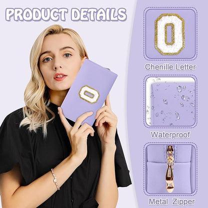 Small Initial Preppy Patch Makeup Bag, Personalized Purple Cute Cosmetic Zipper Pouch Toiletry Bags for Traveling, Waterproof Chenille Letter Make Up Storage Bags Travel Essentials for Women(Letter O)