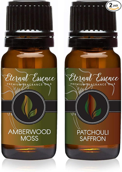 Eternal Essence Oils 2 Pack 10ml Premium Fragrance Oil - Amberwood Moss & Patchouli Saffron - for Candle, Soap Making, Aromatherapy, Diffusers, Home Care, & Humidifiers
