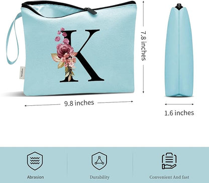 Vavabox A-Z Personalized Makeup Bag, Birthday Gifts for Women Mom, Gifts for Best Friend, Bride Bridesmaid Cosmetic bag (K, Green)